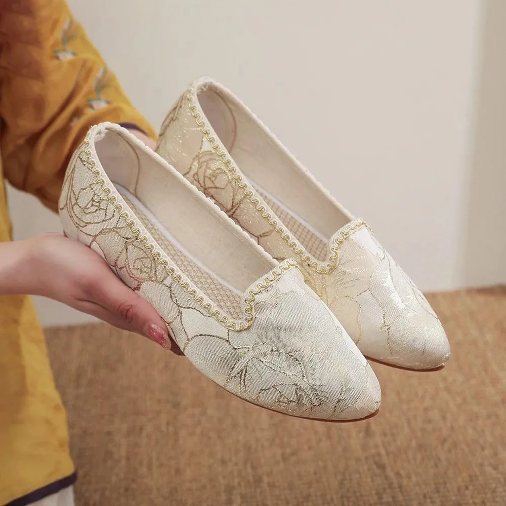 JYHBHMZG Gold Embroidery Women Pointy Toe Slip On Ballet Flats Comfortable Elegant Casual Ballerinas Shoes for Ladies Beige