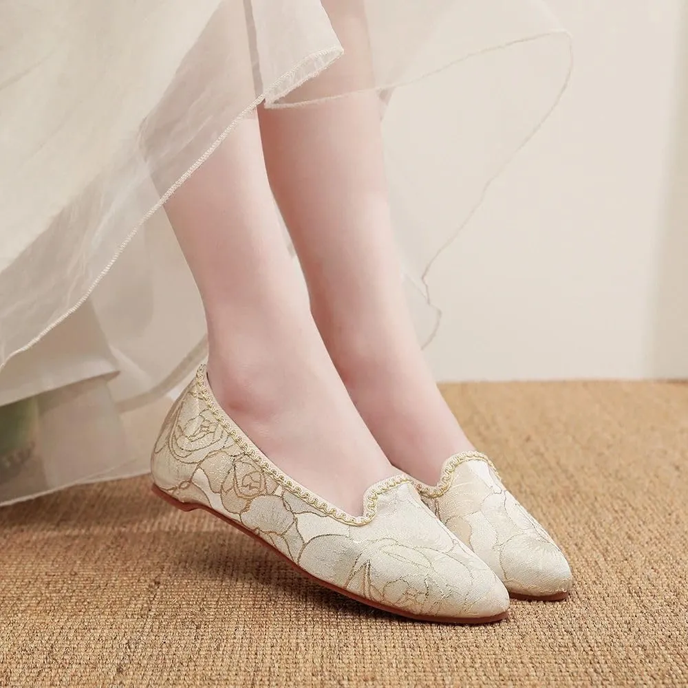 JYHBHMZG Gold Embroidery Women Pointy Toe Slip On Ballet Flats Comfortable Elegant Casual Ballerinas Shoes for Ladies Beige