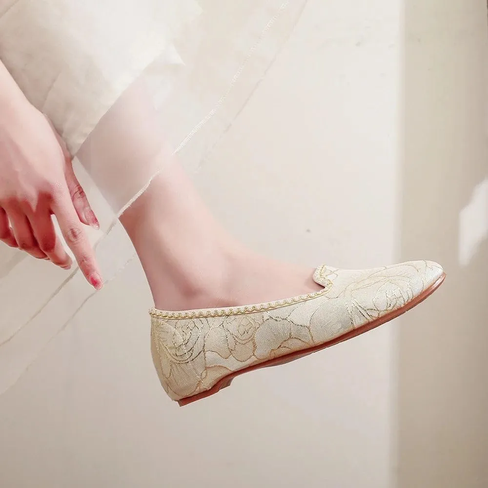 JYHBHMZG Gold Embroidery Women Pointy Toe Slip On Ballet Flats Comfortable Elegant Casual Ballerinas Shoes for Ladies Beige