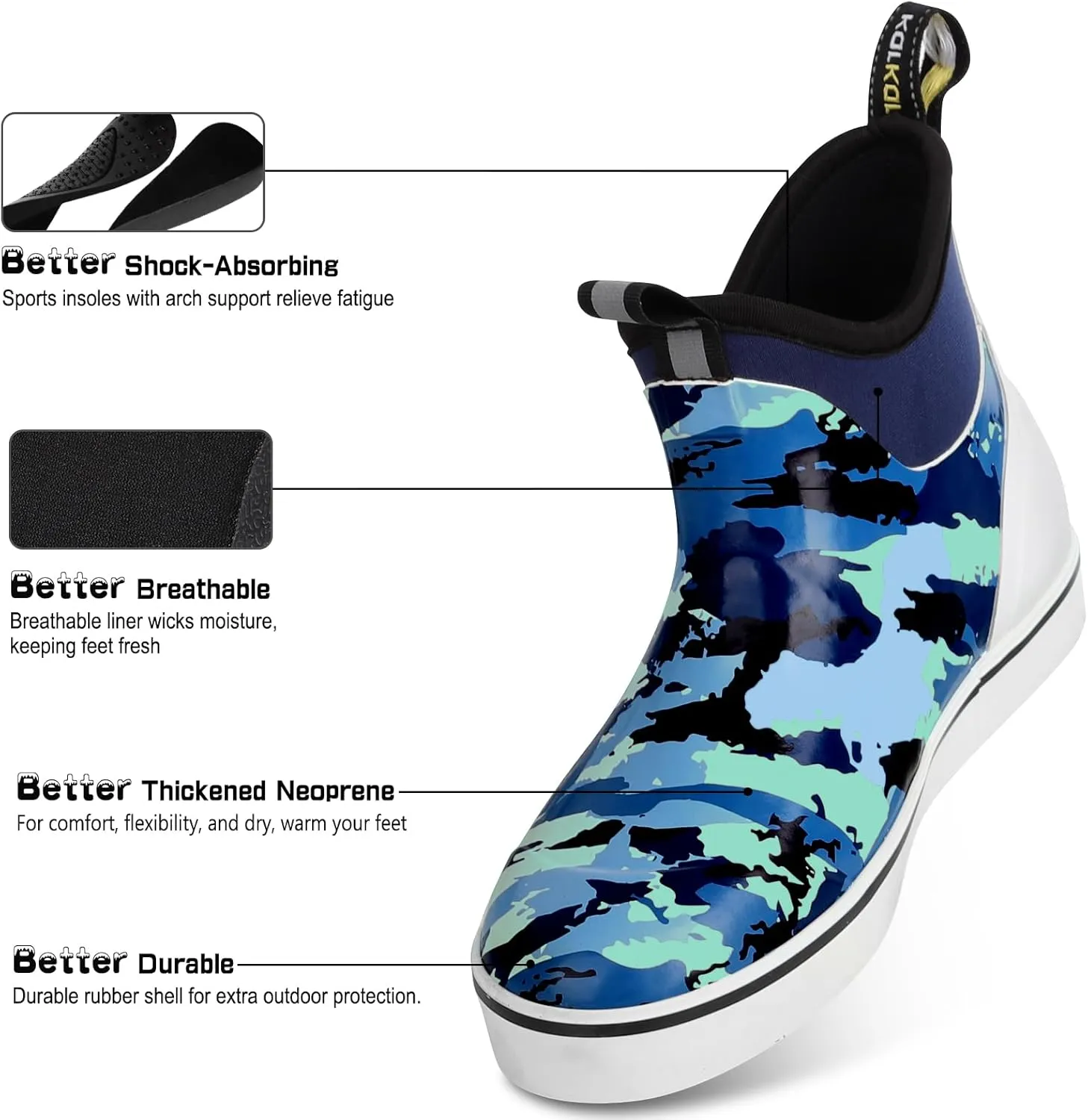 Kalkal Women's Deck Boots, Waterproof Ankle Rain Boots Fishing Boots with High Traction, Women's Rubber Boots For Gardening Fishing Boating Camping