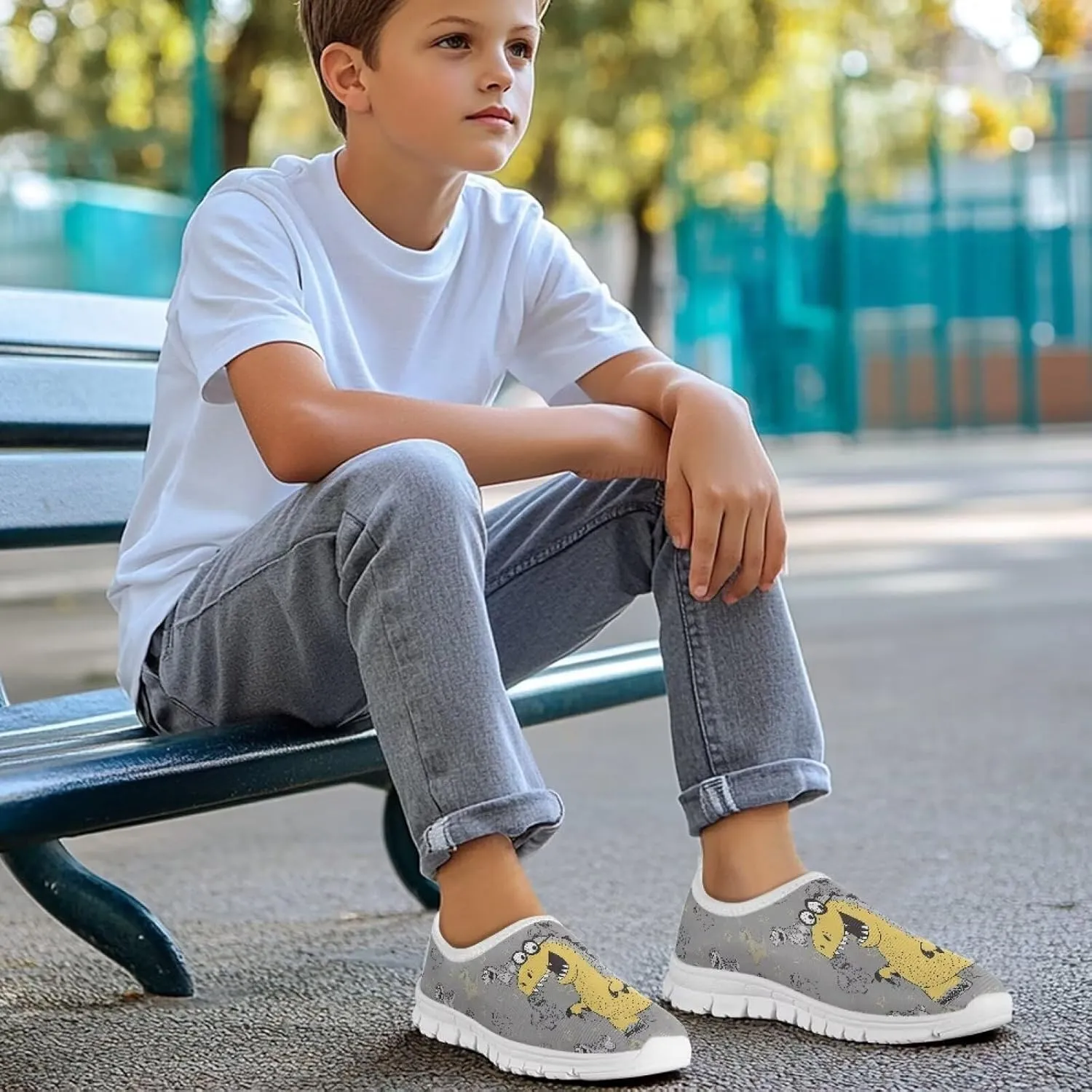 Kid Running Shoe Boy Lightweight Slip On Walking Sneakers Breathable Anti-Skid Athletic Workout Loafers for Camping Size 11-15 White Sole