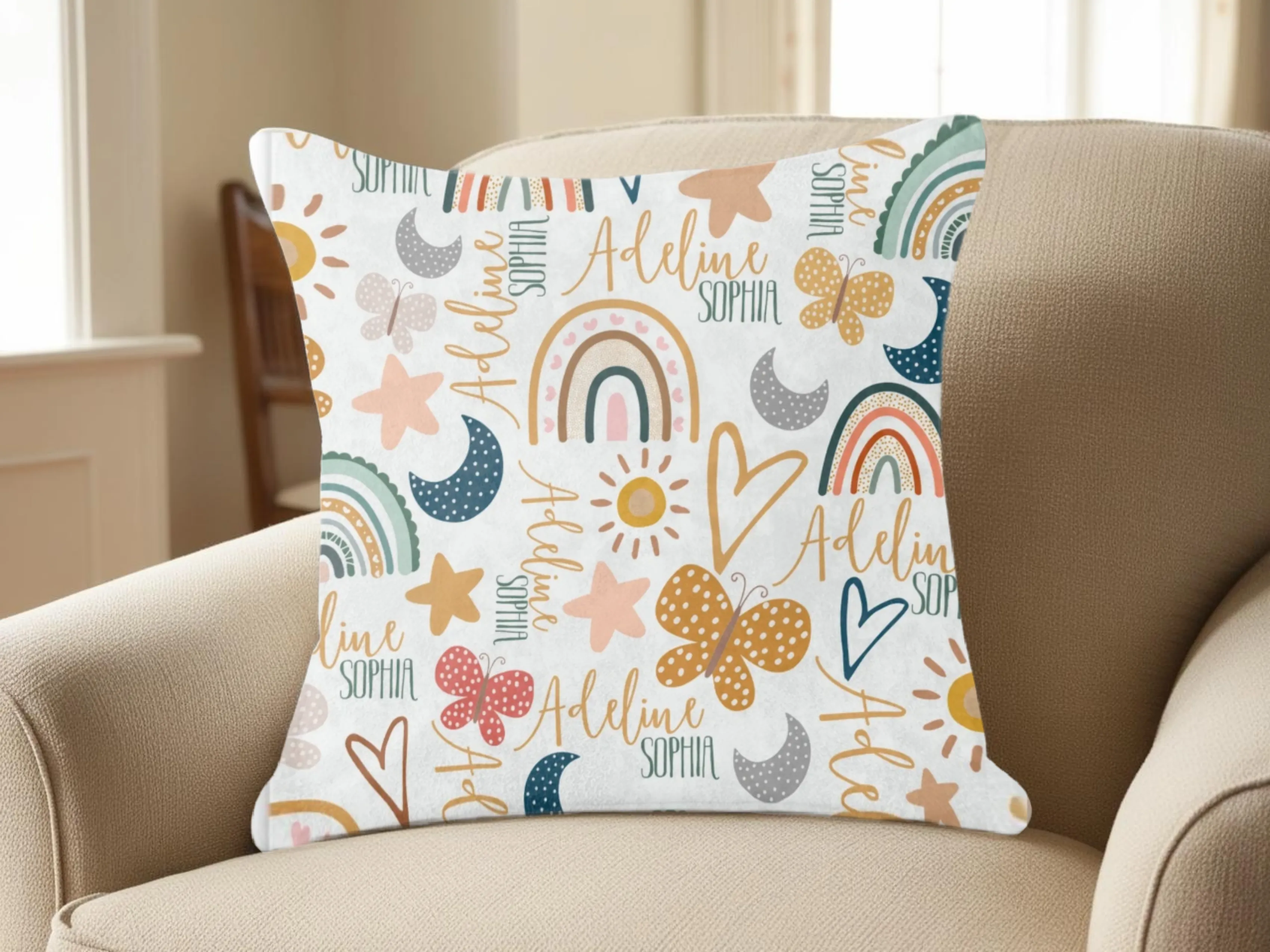 Kids Custom Name Square Pillow Boho Design Personalized Name Pillow Boho Theme Accents for Baby Room Girls Room Decor Boho Kids Room Decor