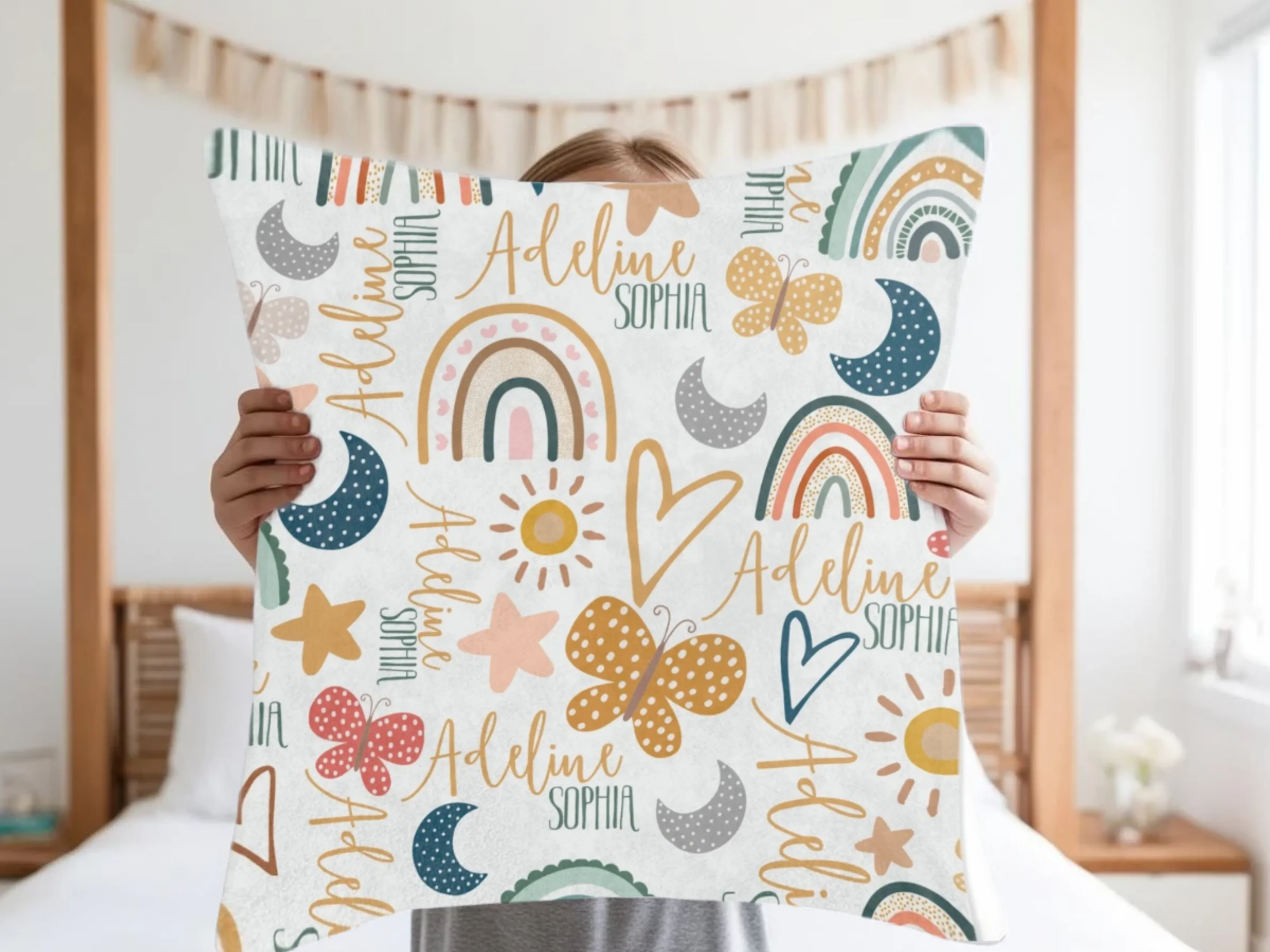 Kids Custom Name Square Pillow Boho Design Personalized Name Pillow Boho Theme Accents for Baby Room Girls Room Decor Boho Kids Room Decor