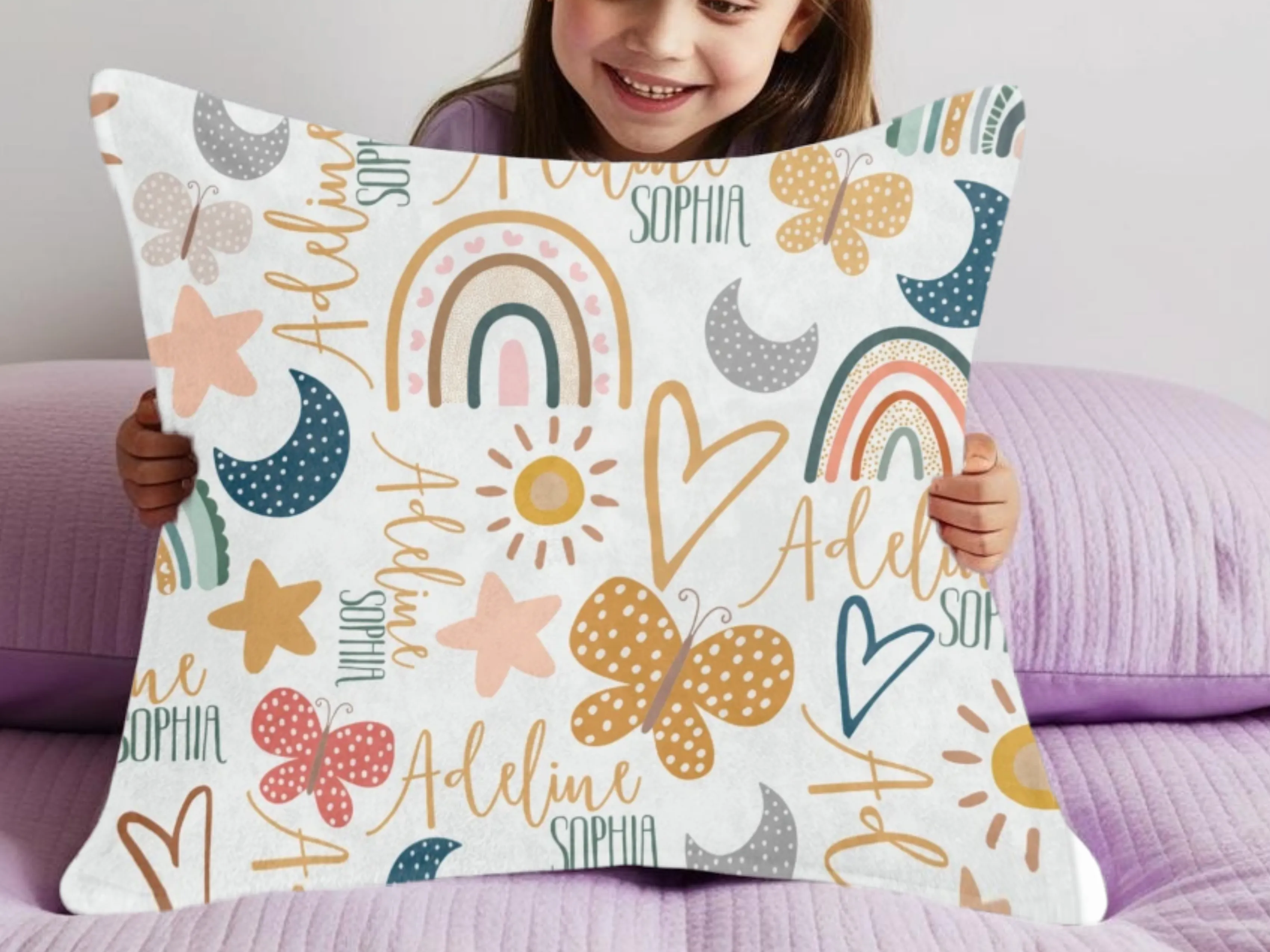 Kids Custom Name Square Pillow Boho Design Personalized Name Pillow Boho Theme Accents for Baby Room Girls Room Decor Boho Kids Room Decor