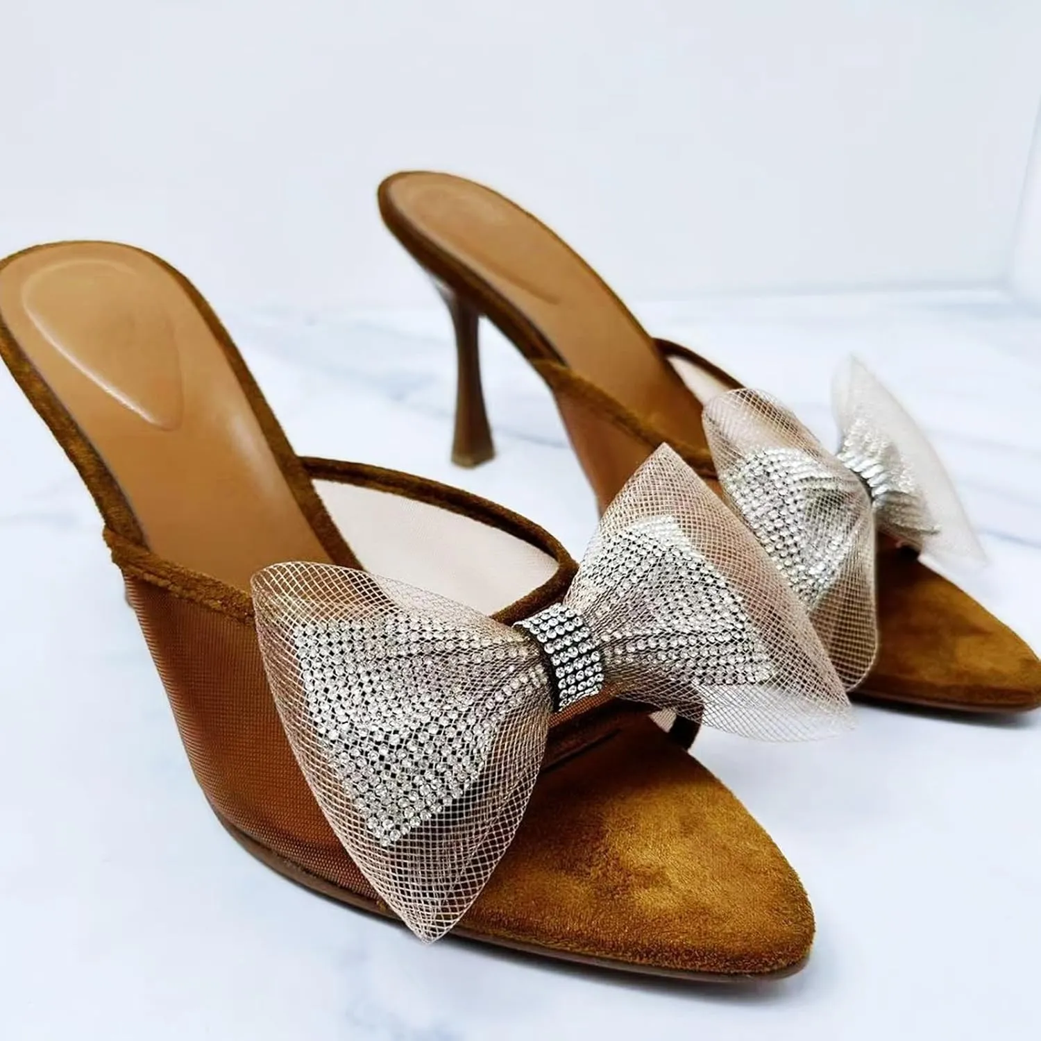 Kitten Heels Bow Mules for Women Round Toe Sling Back Heels Sandals