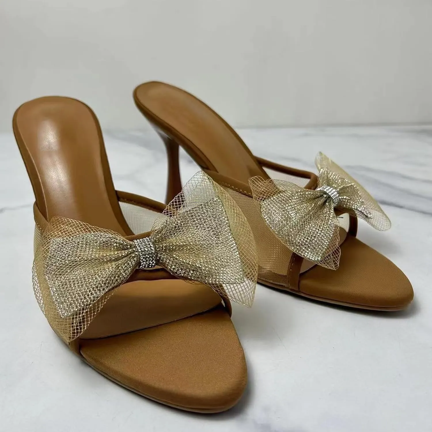Kitten Heels Bow Mules for Women Round Toe Sling Back Heels Sandals