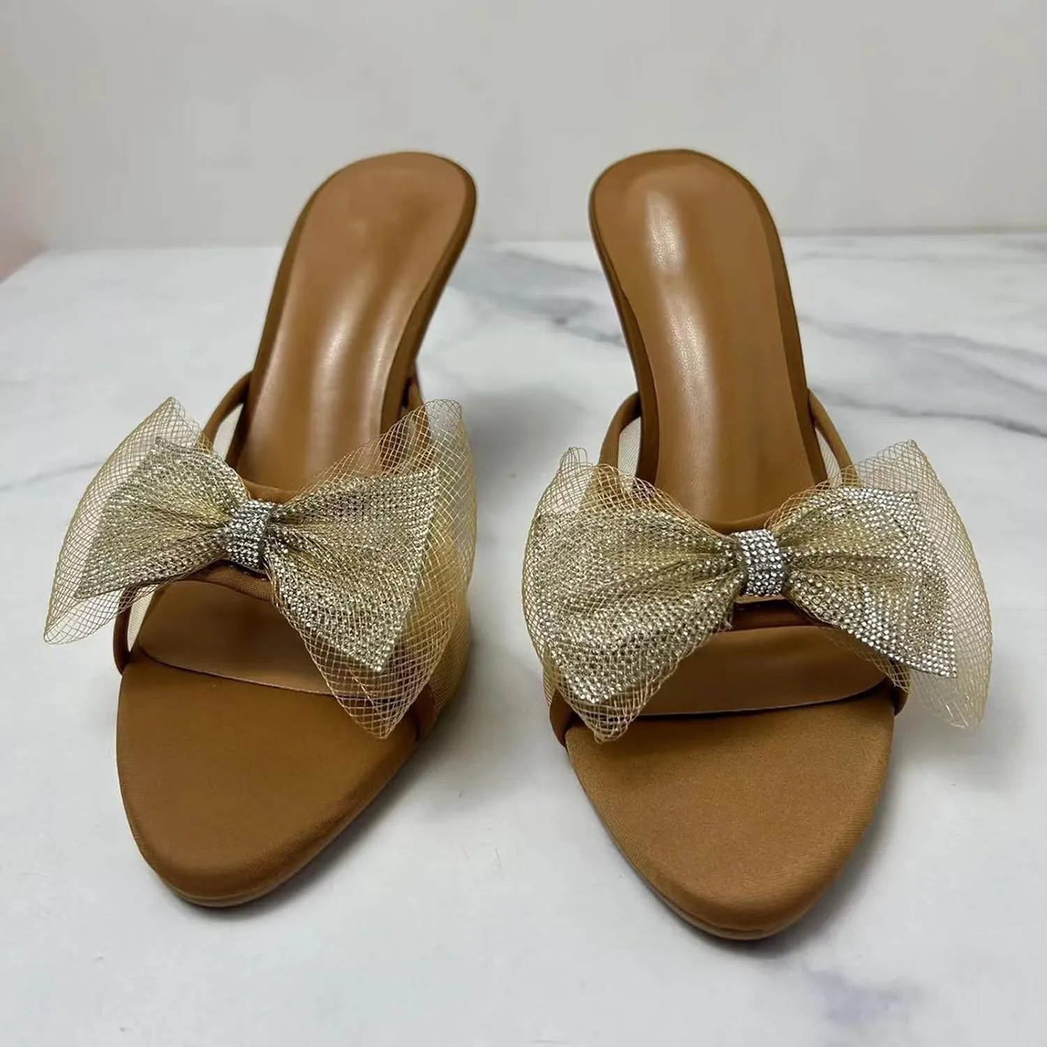 Kitten Heels Bow Mules for Women Round Toe Sling Back Heels Sandals