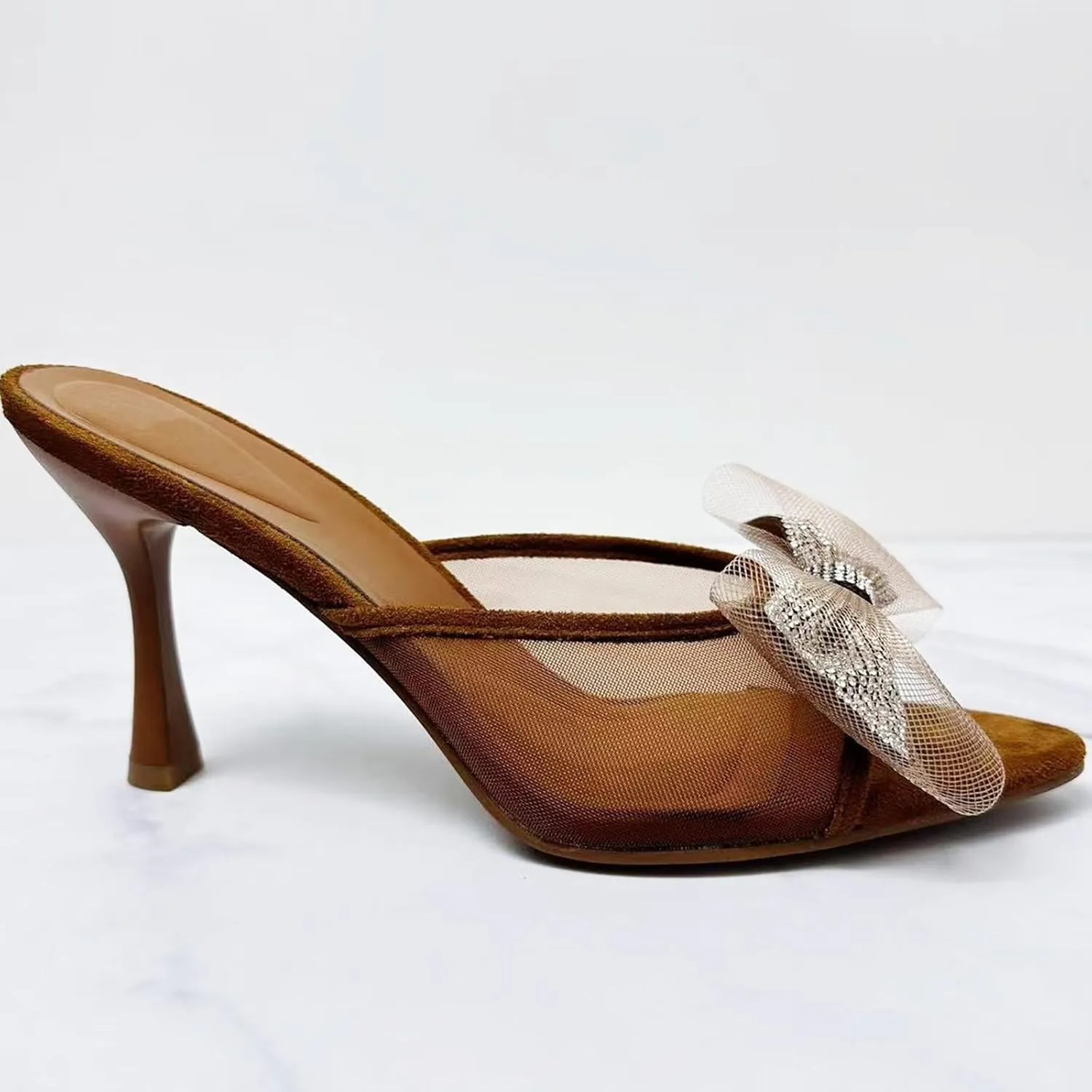 Kitten Heels Bow Mules for Women Round Toe Sling Back Heels Sandals