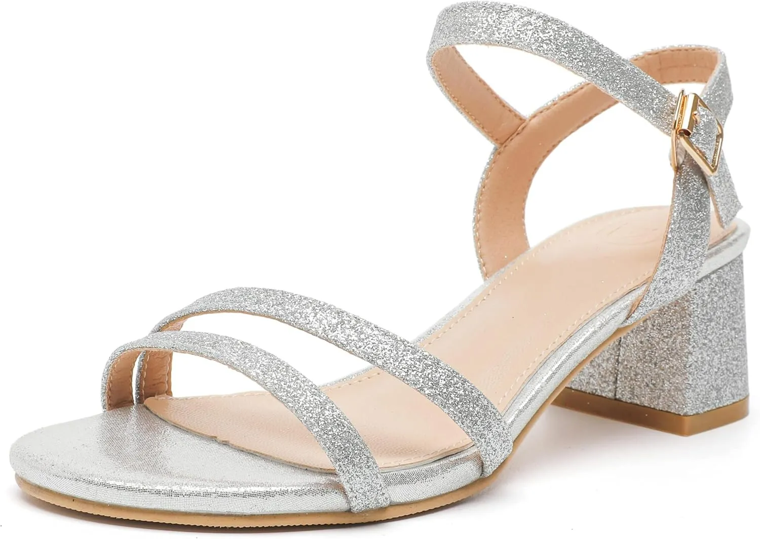 kkdom Women's Open Toe Ankle Strap Glitter Sandals Pumps Low Block Chunky Heels Wedding Dress Shoes