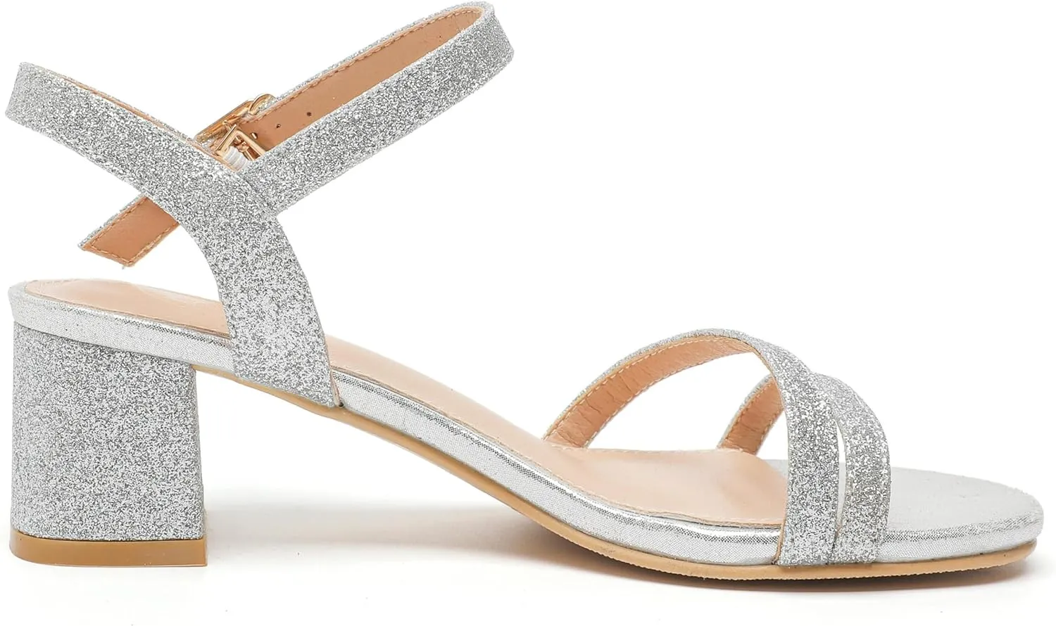 kkdom Women's Open Toe Ankle Strap Glitter Sandals Pumps Low Block Chunky Heels Wedding Dress Shoes