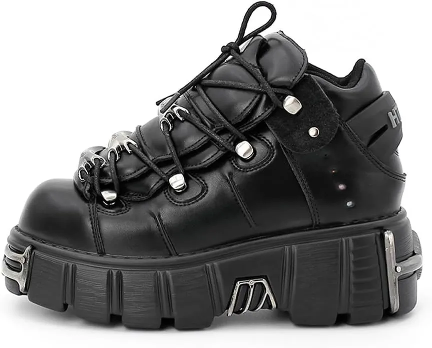 Kluolandi Women's Metal Platform Goth Boots Punk Style Lace-up Combat Boots Ankle Bootie Black Gothic Biker Boots