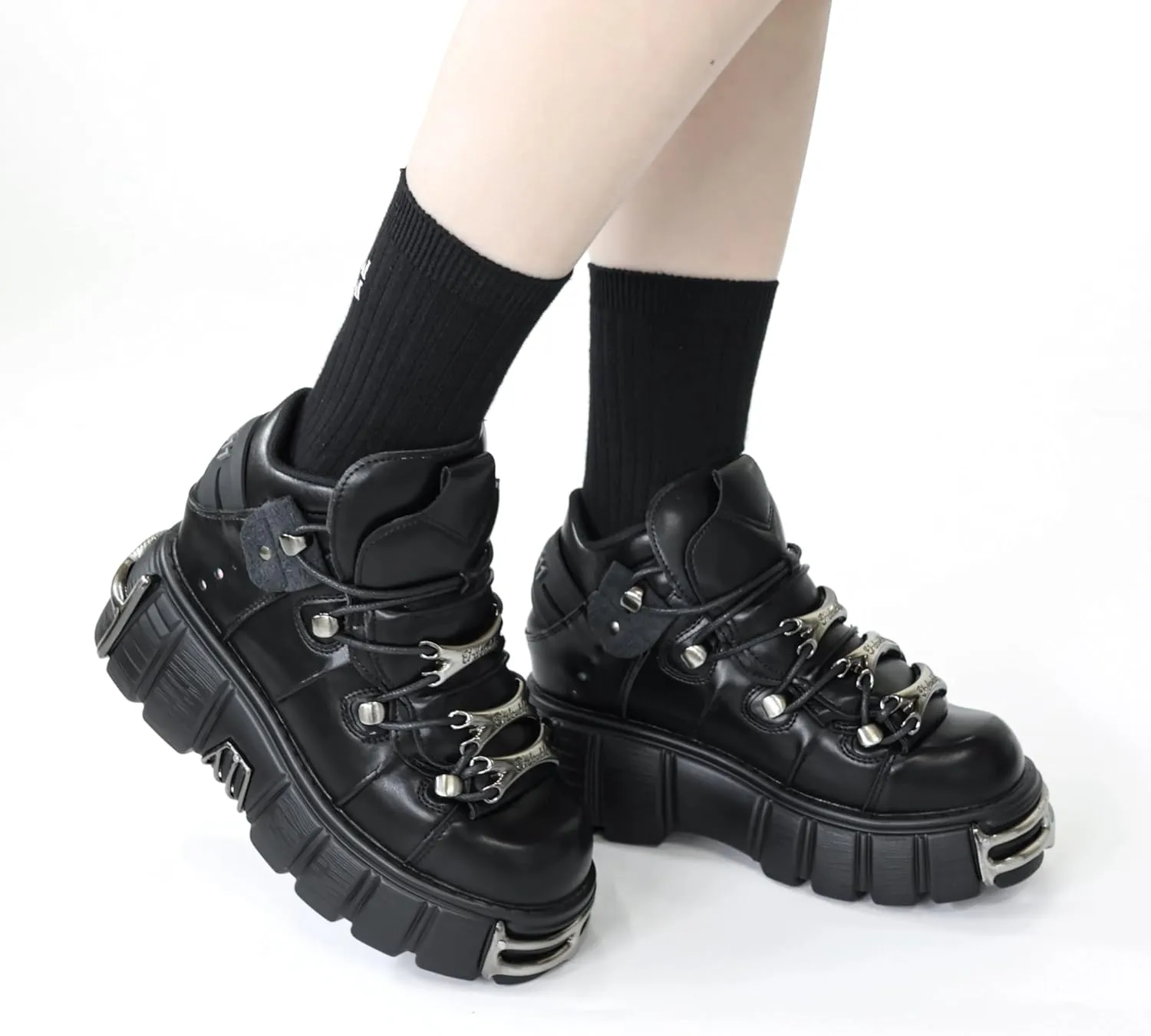 Kluolandi Women's Metal Platform Goth Boots Punk Style Lace-up Combat Boots Ankle Bootie Black Gothic Biker Boots