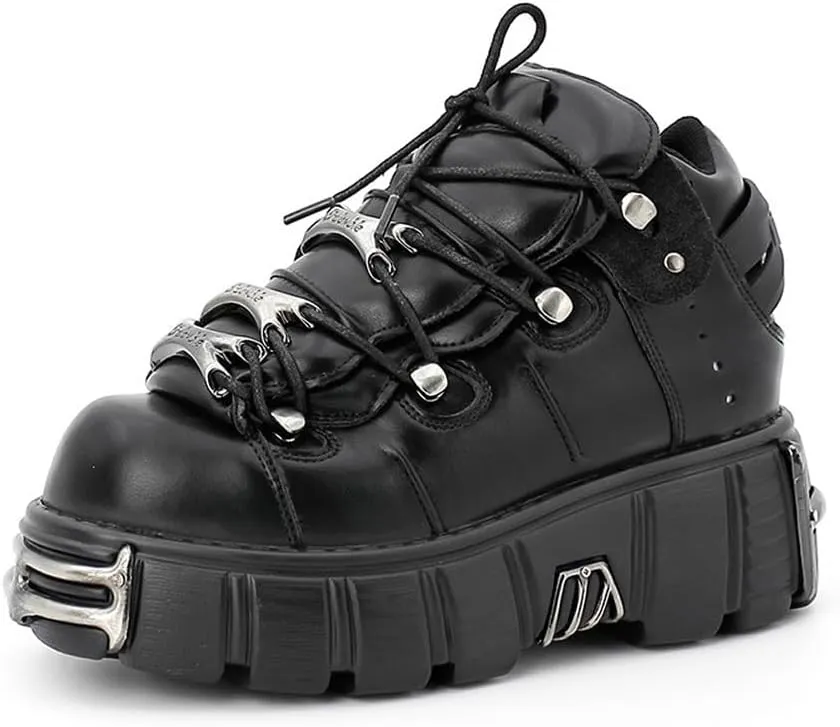 Kluolandi Women's Metal Platform Goth Boots Punk Style Lace-up Combat Boots Ankle Bootie Black Gothic Biker Boots