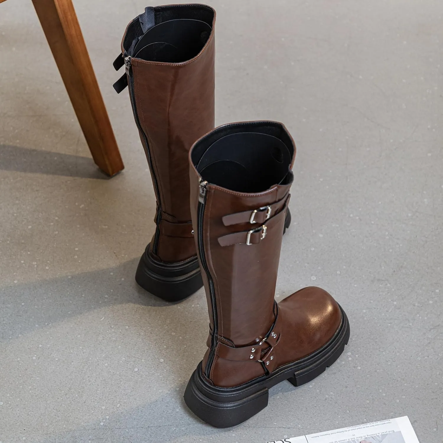 Knee High Buckle Boots Wide Calf Comfortable Tall Riding Biker Flat Fashion Chunky Casual