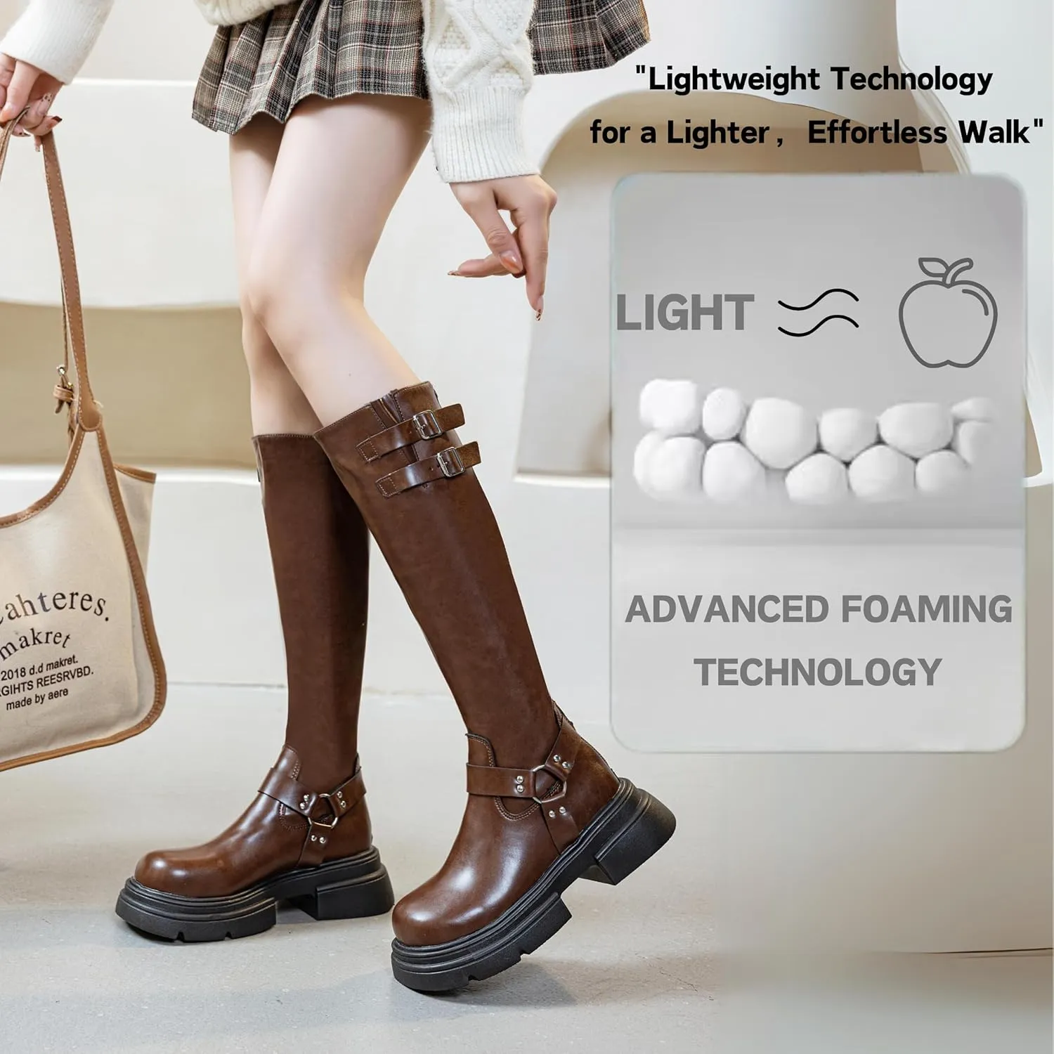 Knee High Buckle Boots Wide Calf Comfortable Tall Riding Biker Flat Fashion Chunky Casual