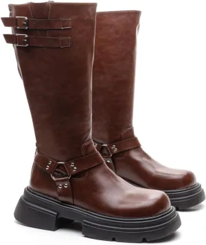 Knee High Buckle Boots Wide Calf Comfortable Tall Riding Biker Flat Fashion Chunky Casual