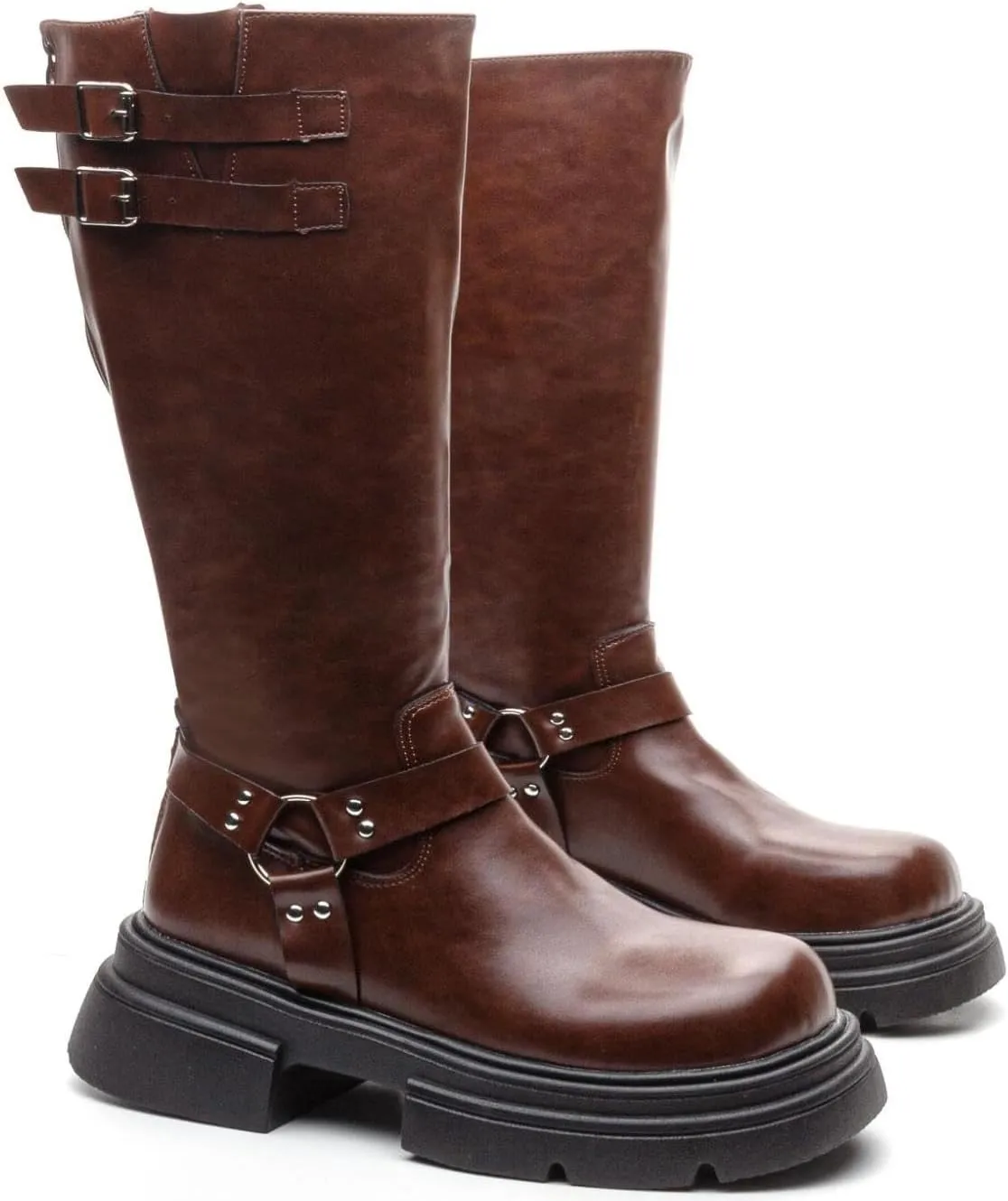 Knee High Buckle Boots Wide Calf Comfortable Tall Riding Biker Flat Fashion Chunky Casual