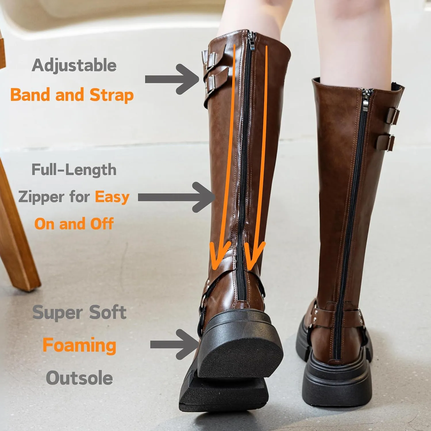 Knee High Buckle Boots Wide Calf Comfortable Tall Riding Biker Flat Fashion Chunky Casual