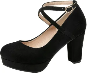KOKOMOMO Womens Chunky High Heel Platform Round Toe Ankle Strap Pumps