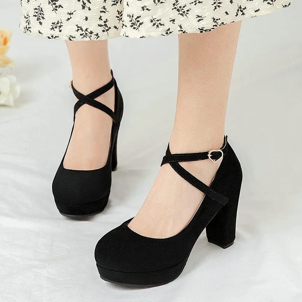 KOKOMOMO Womens Chunky High Heel Platform Round Toe Ankle Strap Pumps