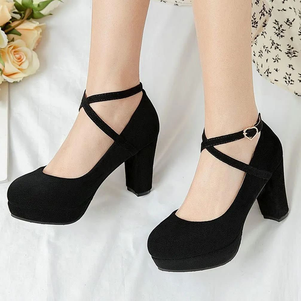 KOKOMOMO Womens Chunky High Heel Platform Round Toe Ankle Strap Pumps