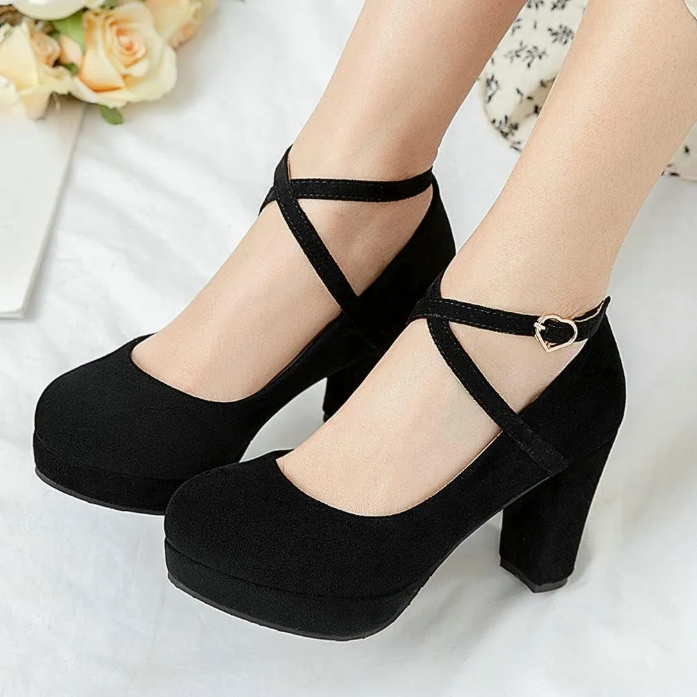KOKOMOMO Womens Chunky High Heel Platform Round Toe Ankle Strap Pumps