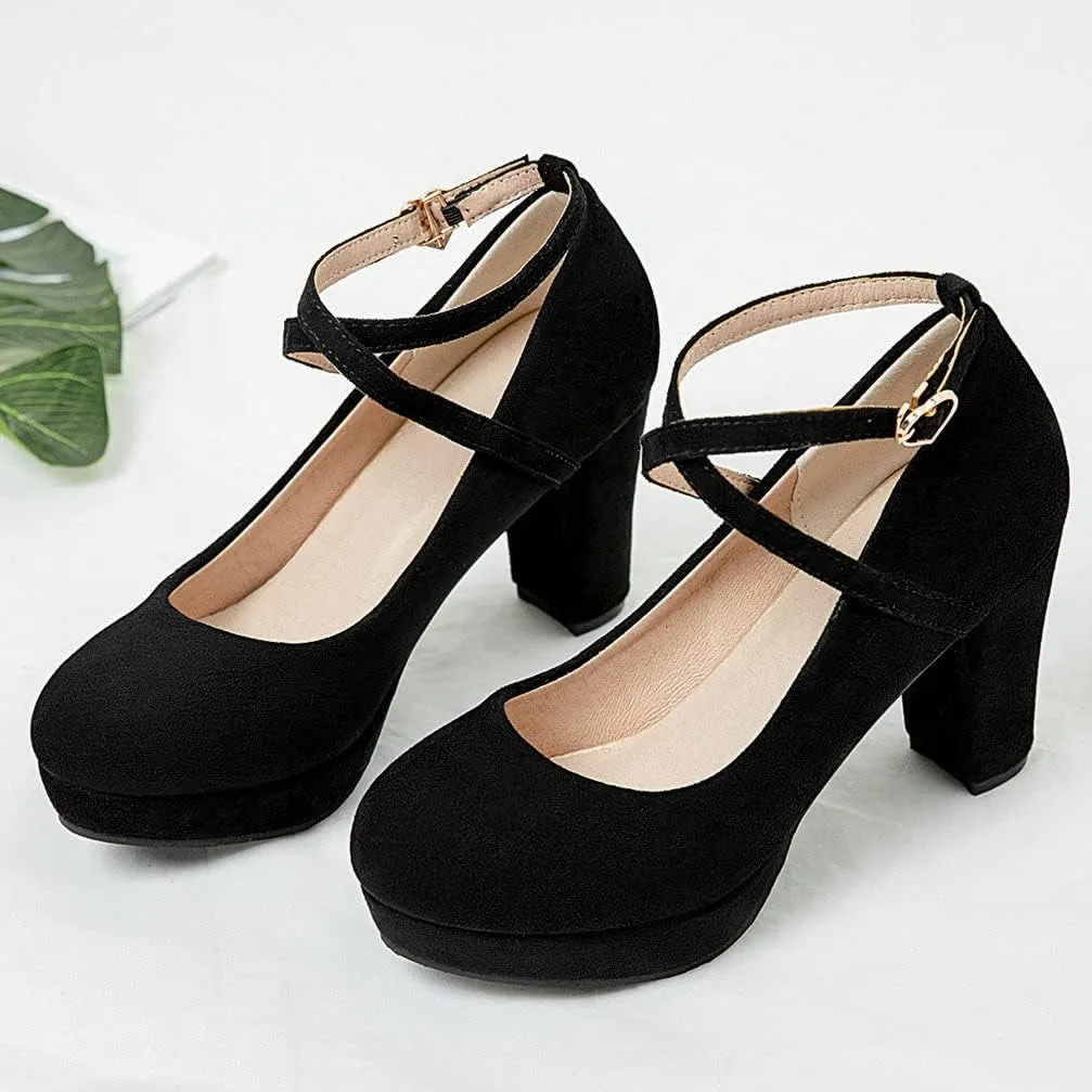KOKOMOMO Womens Chunky High Heel Platform Round Toe Ankle Strap Pumps