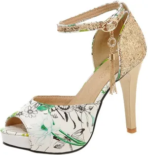 KOKOMOMO Womens Glitter Floral Print High Heel Pumps Peep Toe Platform Sandals