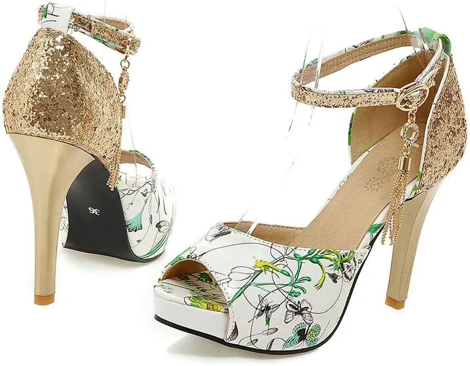 KOKOMOMO Womens Glitter Floral Print High Heel Pumps Peep Toe Platform Sandals