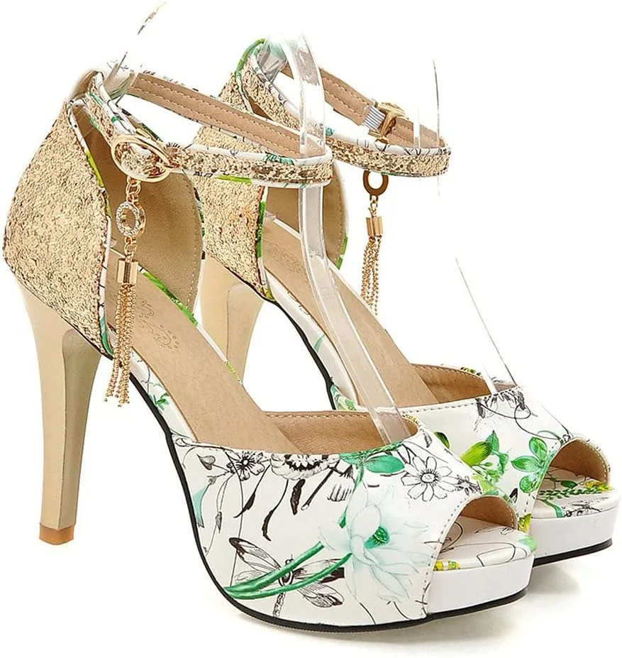 KOKOMOMO Womens Glitter Floral Print High Heel Pumps Peep Toe Platform Sandals
