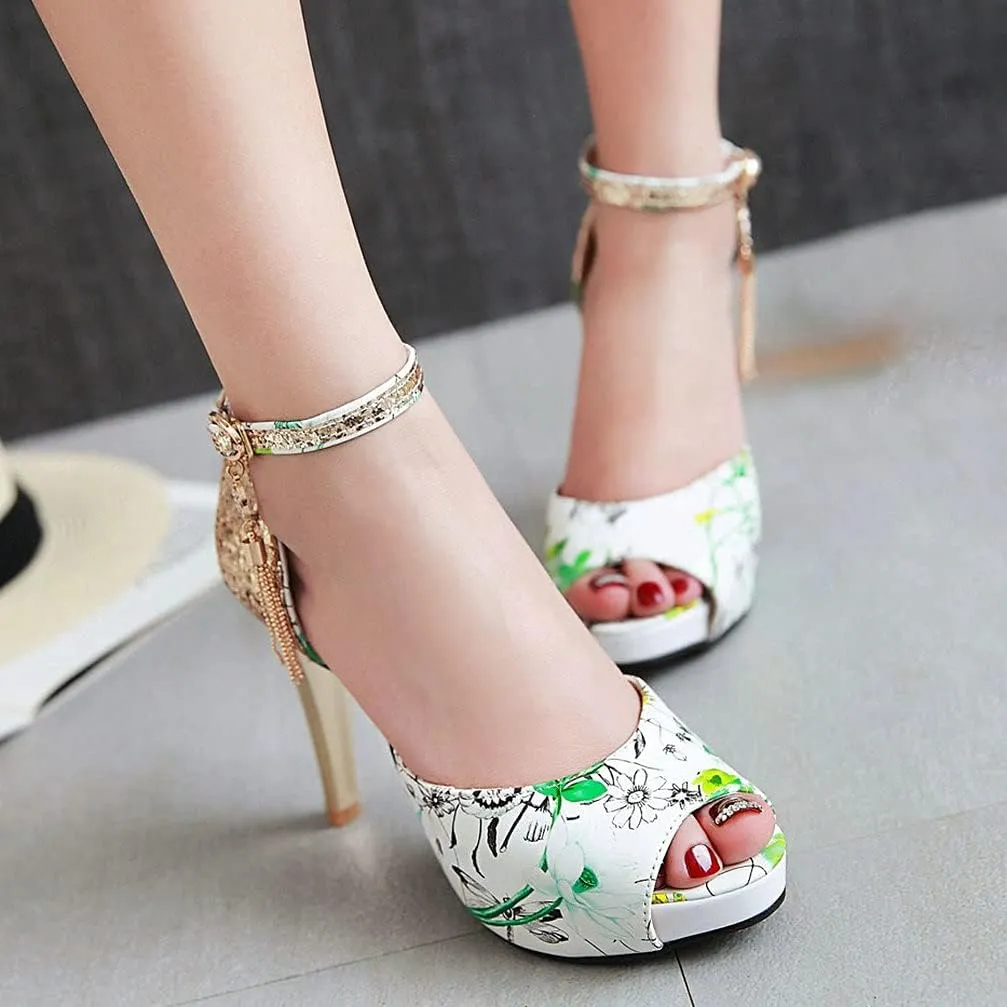 KOKOMOMO Womens Glitter Floral Print High Heel Pumps Peep Toe Platform Sandals