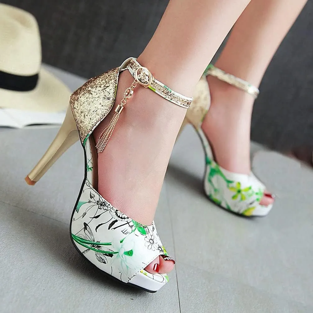 KOKOMOMO Womens Glitter Floral Print High Heel Pumps Peep Toe Platform Sandals