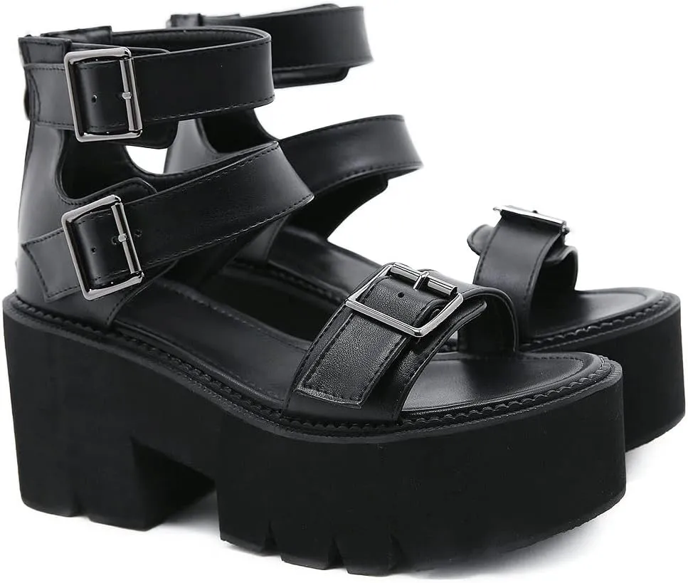 KOKOMOMO Womens Goth Buckle Platform Sandals High Chunky Heels Gladiator Roman Strappy Sandals