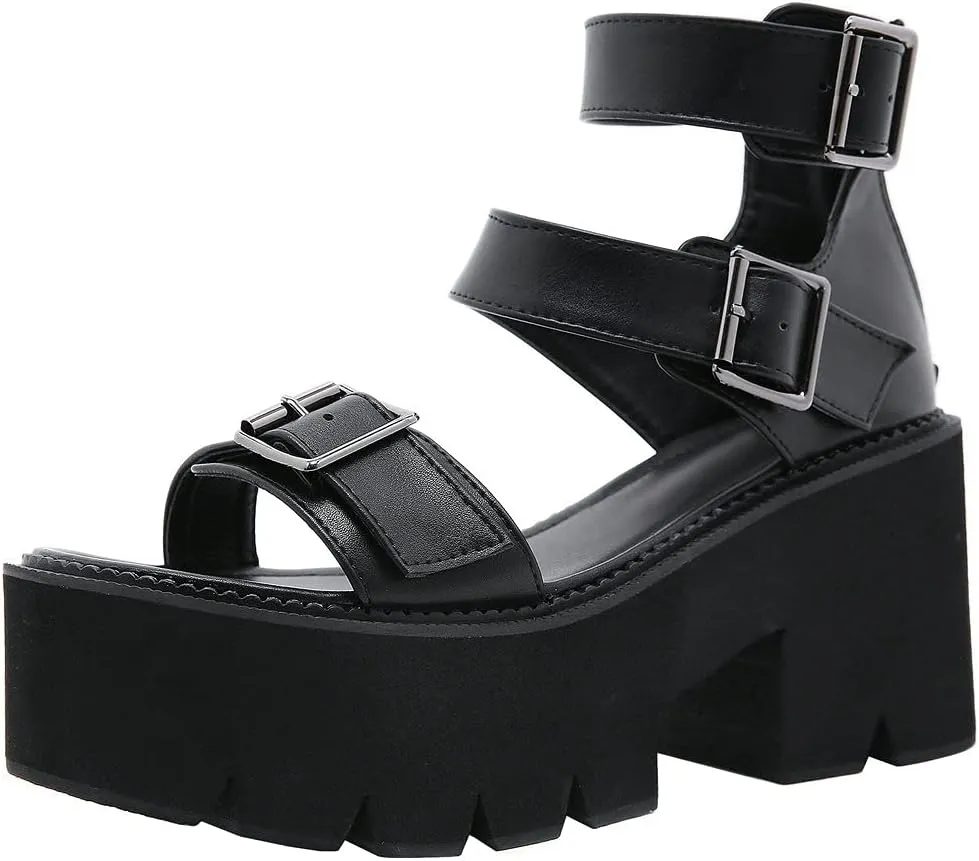 KOKOMOMO Womens Goth Buckle Platform Sandals High Chunky Heels Gladiator Roman Strappy Sandals