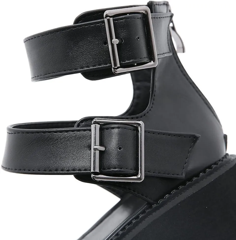 KOKOMOMO Womens Goth Buckle Platform Sandals High Chunky Heels Gladiator Roman Strappy Sandals