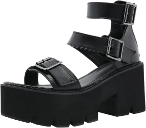 KOKOMOMO Womens Goth Buckle Platform Sandals High Chunky Heels Gladiator Roman Strappy Sandals
