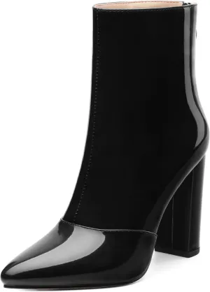 KUOARN Ankle Boots for Women Block High Heel Pointed Toe Patent 3.9 Inch Zipper Booties Sexy Dating Shopping Wedding Short Dress Boots