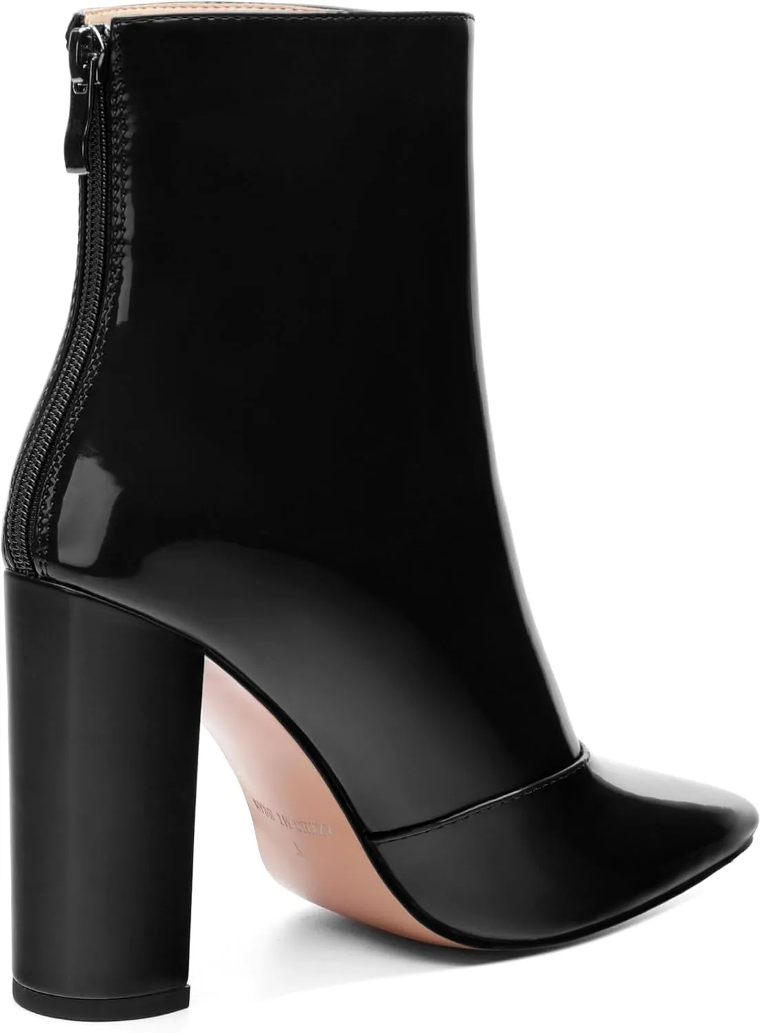 KUOARN Ankle Boots for Women Block High Heel Pointed Toe Patent 3.9 Inch Zipper Booties Sexy Dating Shopping Wedding Short Dress Boots