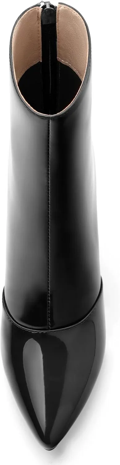 KUOARN Ankle Boots for Women Block High Heel Pointed Toe Patent 3.9 Inch Zipper Booties Sexy Dating Shopping Wedding Short Dress Boots