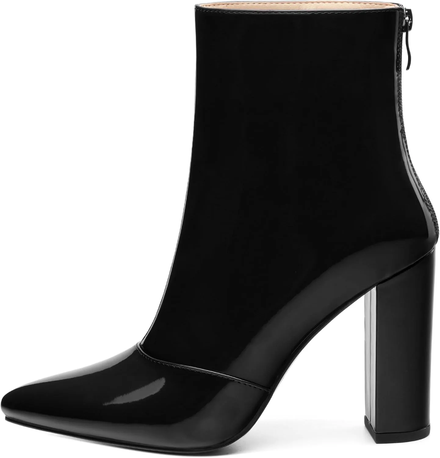KUOARN Ankle Boots for Women Block High Heel Pointed Toe Patent 3.9 Inch Zipper Booties Sexy Dating Shopping Wedding Short Dress Boots