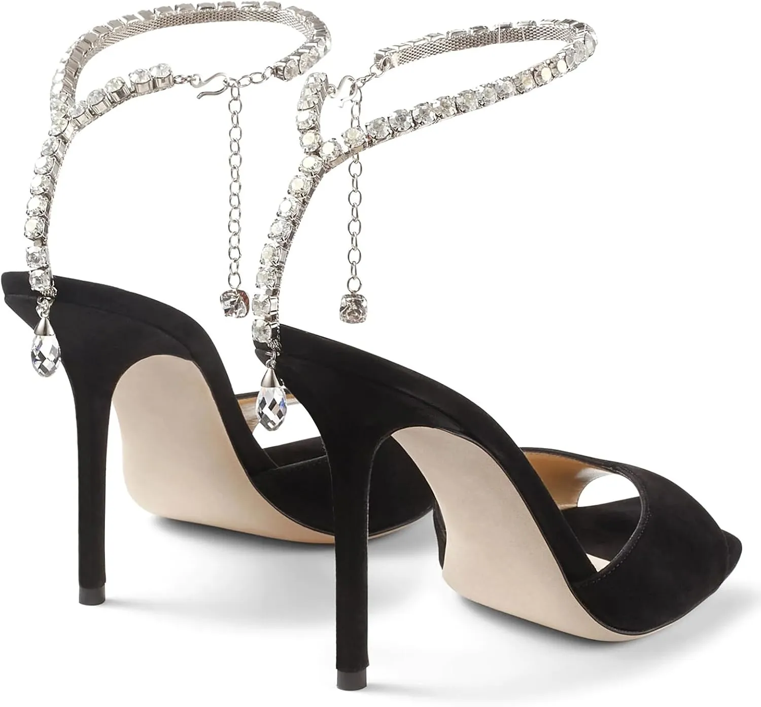 LauraVicci Women's High Heel Sandals Crystal Chain Ankle Straps Rhinestones Buckle Square Open Toe Stiletto High Heels Wedding Party Satin Dress Shoes