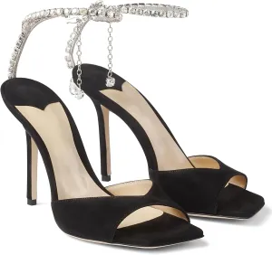 LauraVicci Women's High Heel Sandals Crystal Chain Ankle Straps Rhinestones Buckle Square Open Toe Stiletto High Heels Wedding Party Satin Dress Shoes