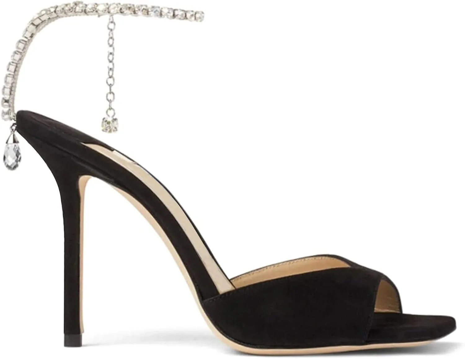 LauraVicci Women's High Heel Sandals Crystal Chain Ankle Straps Rhinestones Buckle Square Open Toe Stiletto High Heels Wedding Party Satin Dress Shoes