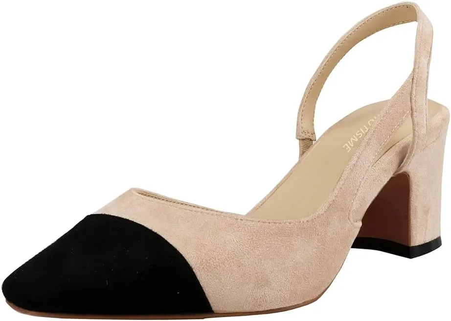 LEMUTISME Women's Elegant Cap Toe Two-Tone Chunky Heel Slingback Sandals Square Toe Suede Strappy Mid Block Heel Dress Pumps