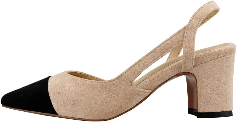LEMUTISME Women's Elegant Cap Toe Two-Tone Chunky Heel Slingback Sandals Square Toe Suede Strappy Mid Block Heel Dress Pumps