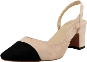 LEMUTISME Women's Elegant Cap Toe Two-Tone Chunky Heel Slingback Sandals Square Toe Suede Strappy Mid Block Heel Dress Pumps
