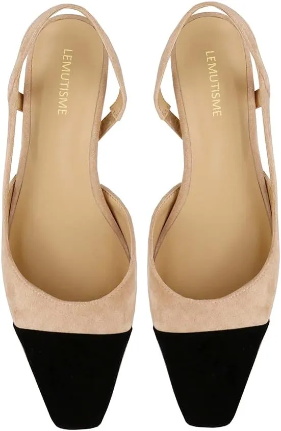 LEMUTISME Women's Elegant Cap Toe Two-Tone Chunky Heel Slingback Sandals Square Toe Suede Strappy Mid Block Heel Dress Pumps