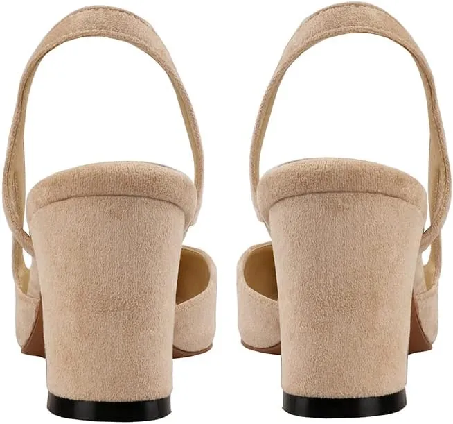 LEMUTISME Women's Elegant Cap Toe Two-Tone Chunky Heel Slingback Sandals Square Toe Suede Strappy Mid Block Heel Dress Pumps