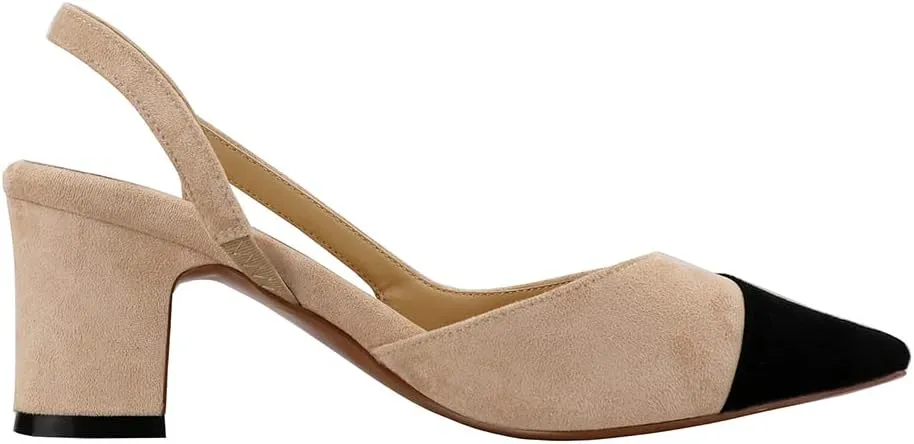 LEMUTISME Women's Elegant Cap Toe Two-Tone Chunky Heel Slingback Sandals Square Toe Suede Strappy Mid Block Heel Dress Pumps