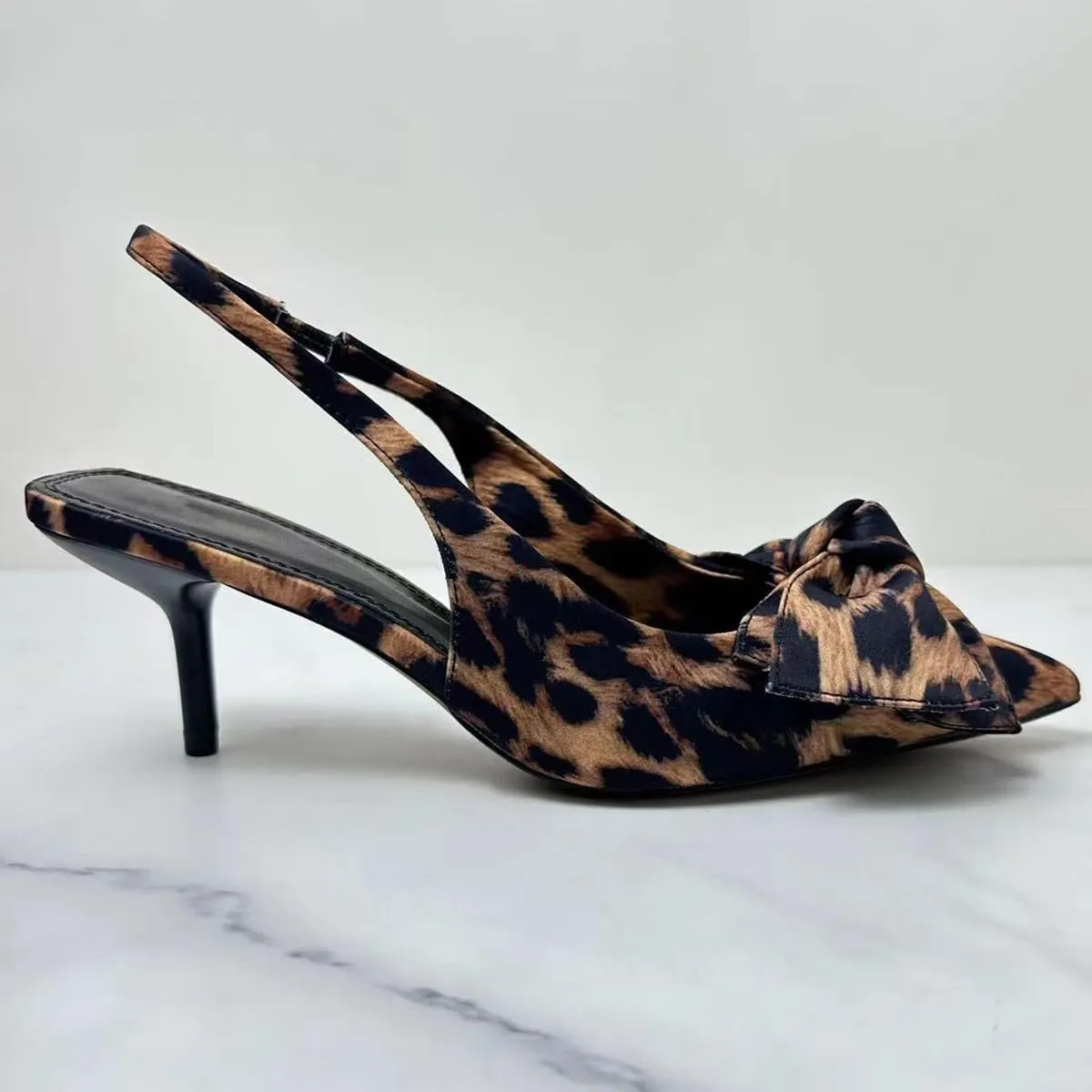 Leopard Kitten Heels Bow Sandals for Women Closed Point Toe Sling Back Heels Sandals